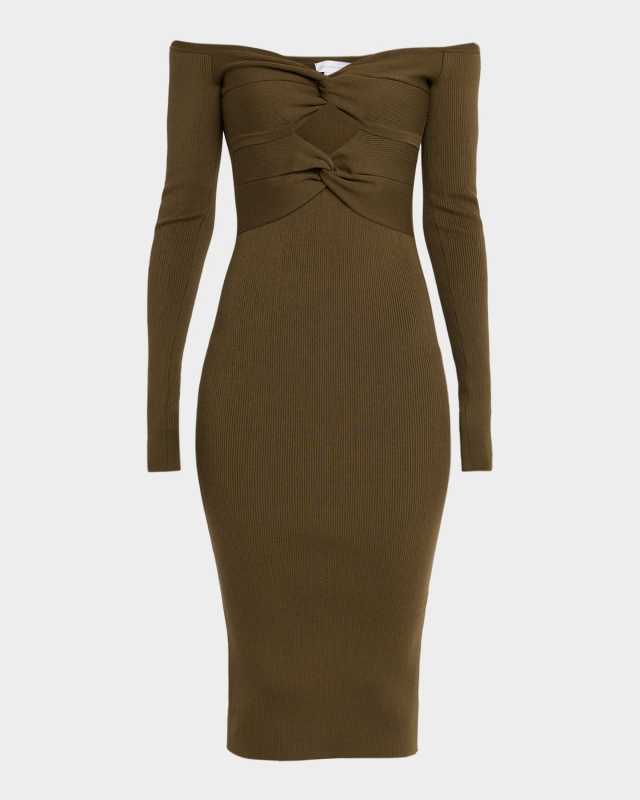 Twisted Off-The-Shoulder Light Rib Midi Dress